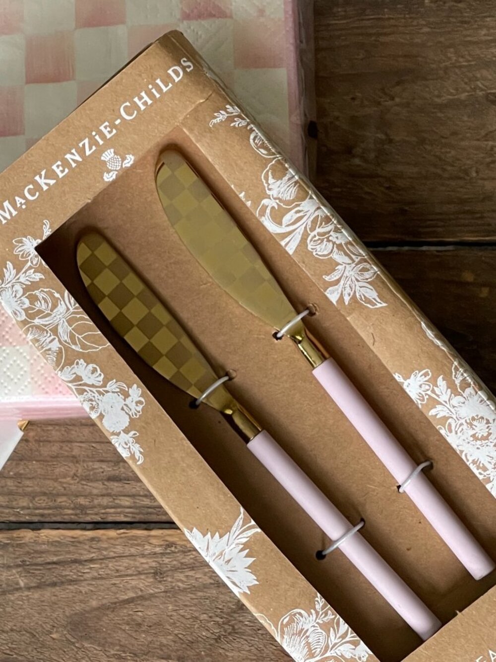 MacKenzie-Childs Rosy Check BUNDLE! Bistro Spreaders Set + Cocktail Napkins - Picture 7 of 16